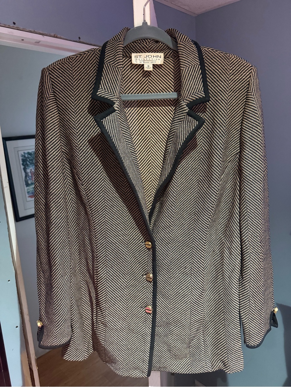 St. John Black & Ivory Herringbone Sport Coat with Contrast Trim